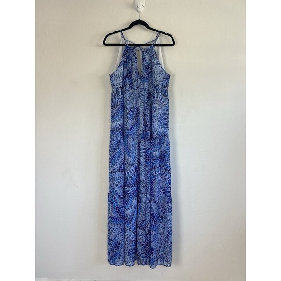 BOSTON PROPER Size 10 Boho Summer Peasant Tiered Maxi Dress Blue Feather Print